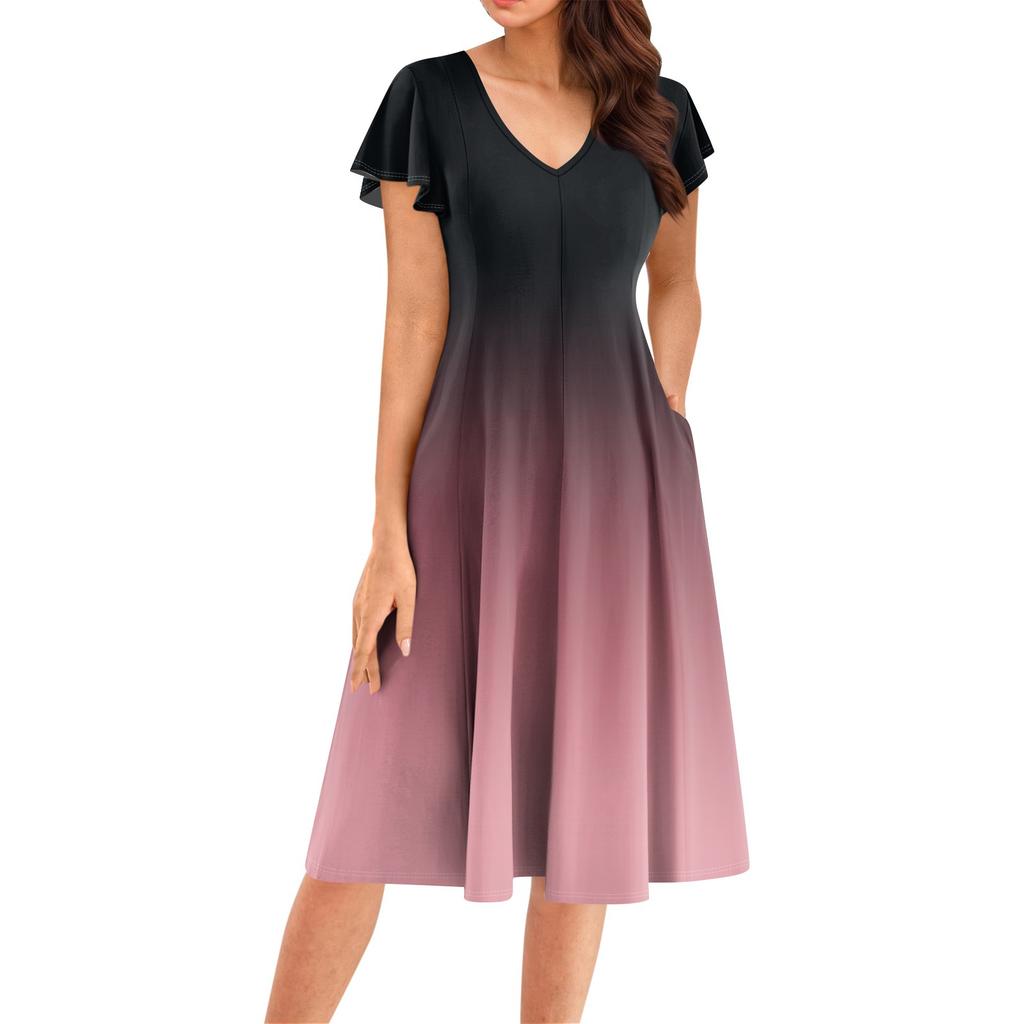 Women's Summer Fashion V-Neck Ruffle Sleeve Retro Elegant Midi Dress