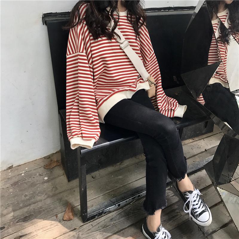 2025 Women's Korean Style Color Block Retro Stripe Hoodie - Spring/Autumn Casual Loose Fit