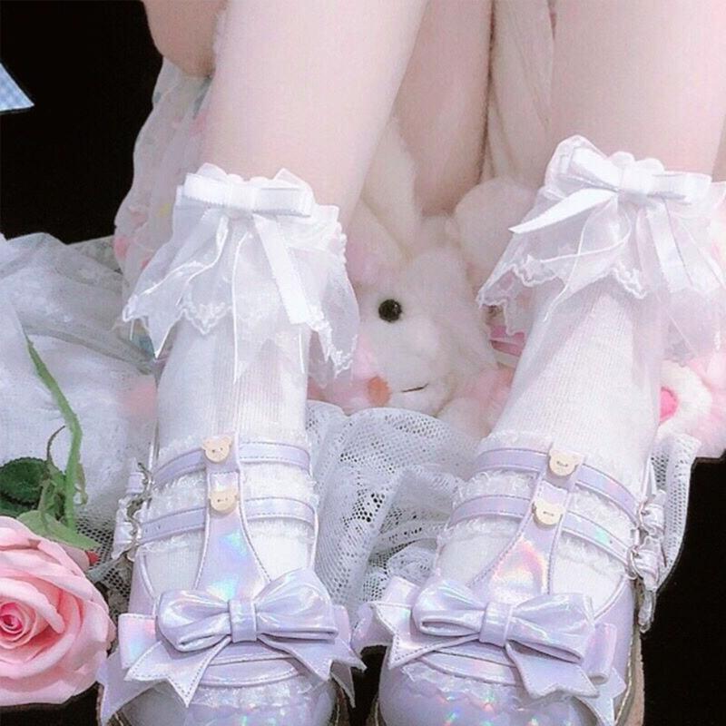 Womens Lace Ruffle Ankle Socks Japanese JK Girl Princess Style Sweet Ribbon Bowknot Frilly Cotton Socks Dress Socks