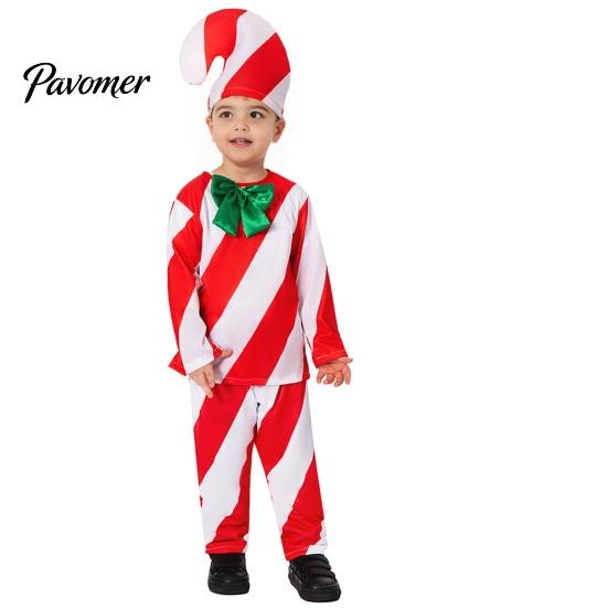 Zábavný vánoční párty outfit Kostým lízátka pro dospělé děti Červeno-bílý pruhovaný top Kalhoty Zpevněný šev Klobouk 3dílná sada Cosplay oblečení Muži A