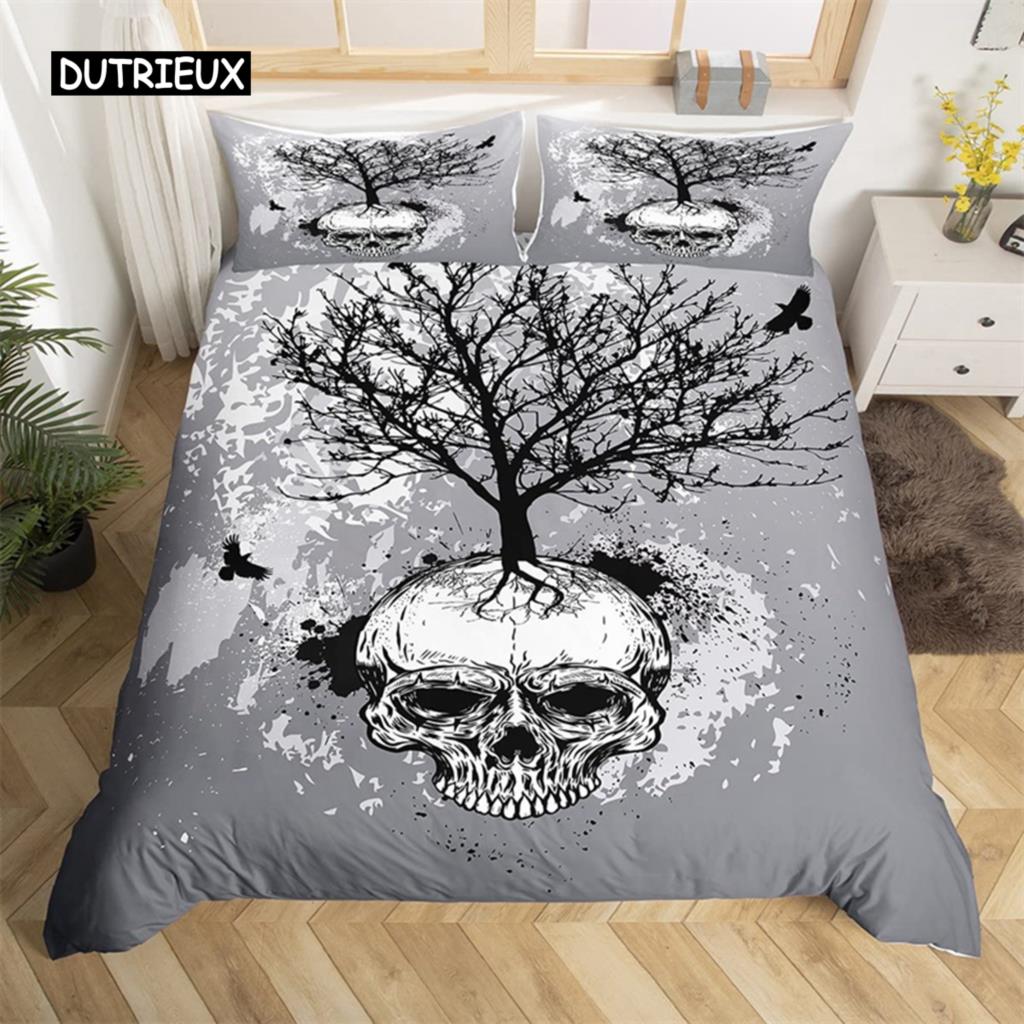 Skull Duvet Cover Set Queen Black Skeleton Paisley Floral Pattern Bedding Set for Teen Adult Polyester Halloween Comforter Cover