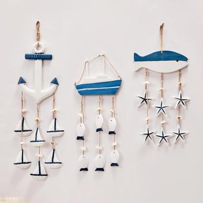 Rustic Ocean Windchime Coastal Beach Theme Wooden Hanging Decor with Hemp Rope for Indoor Outdoor Nautical Patio Garden