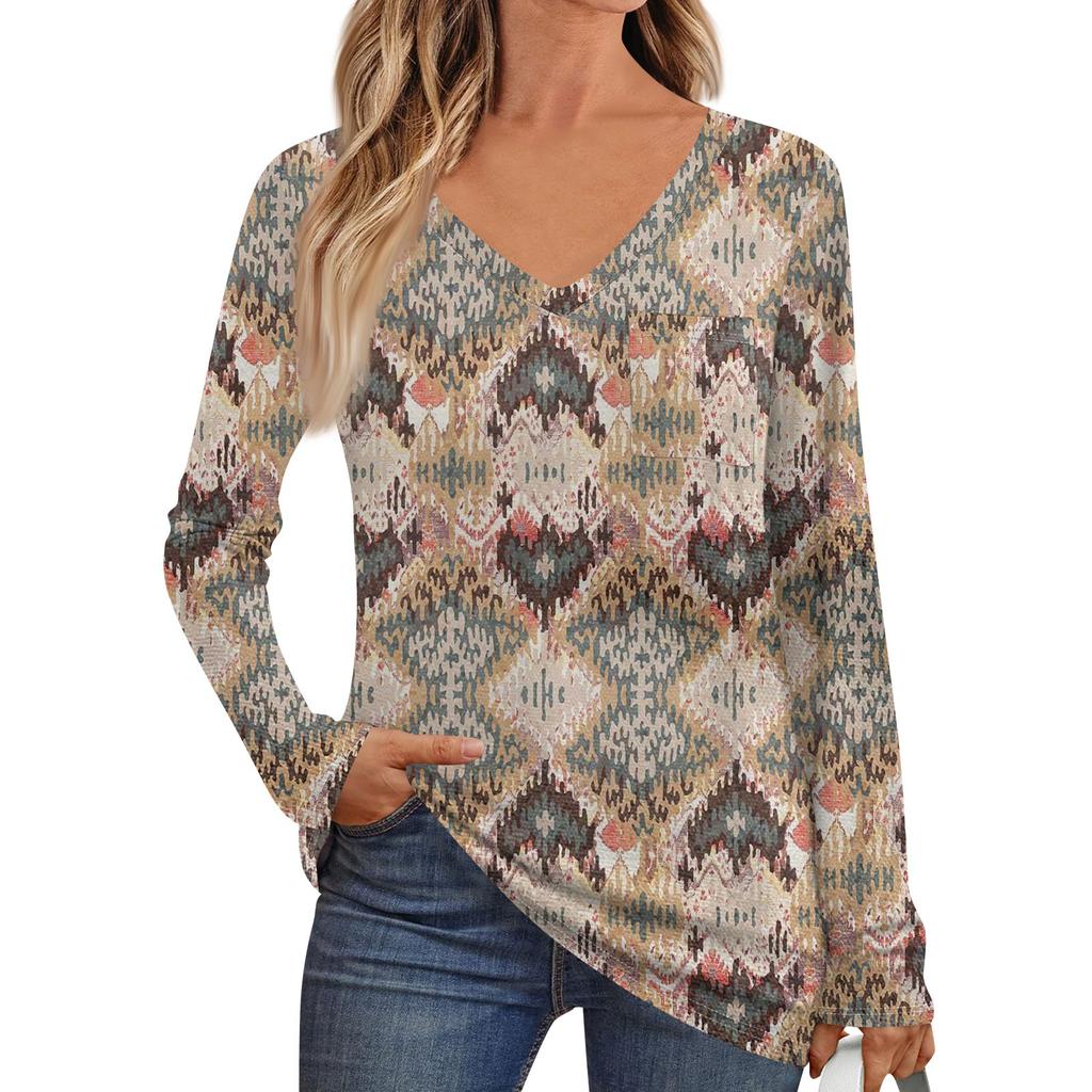 Women's Fashion Long Sleeve V-Neck Pullover Printed T-Shirt Top With Pocket
