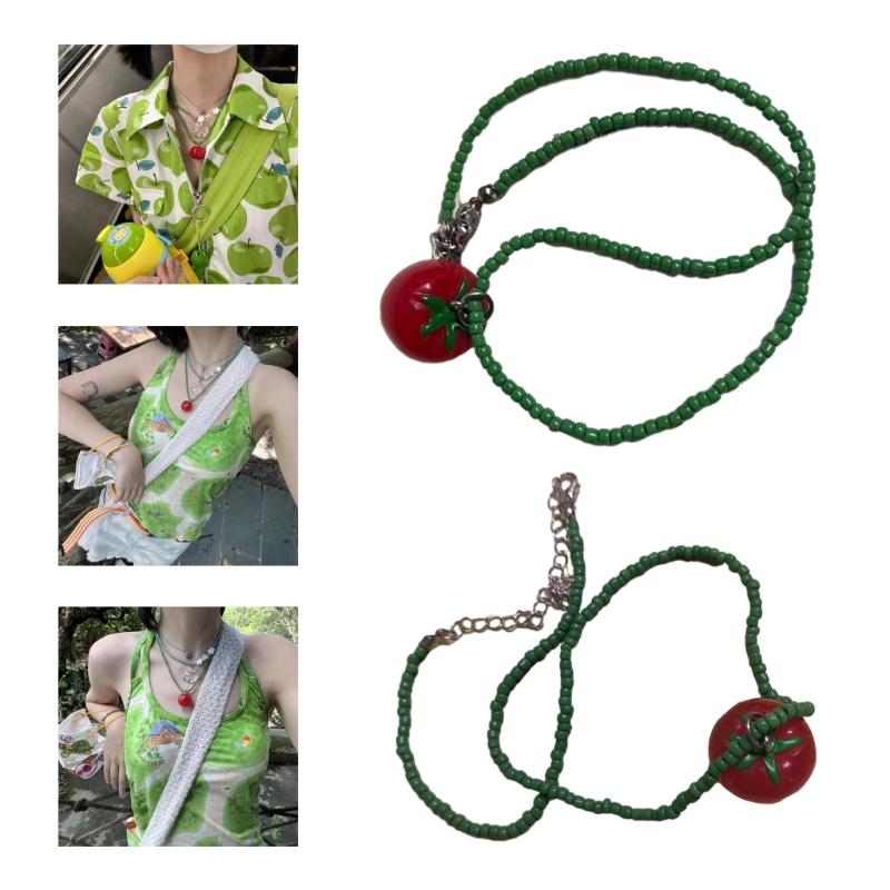 Cute Tomato Collarbone Necklace for Dopamine Sweet Cool Tomato Pendant Choker Multilayer Beaded Necklace Jewelry Gift
