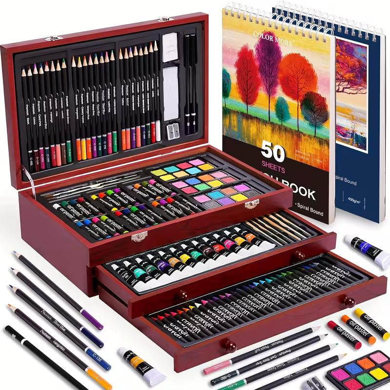 

175pcs Deluxe Art Set With 2 Drawing Pads, Crayons, Acrylic Paints, Colored Pencils Set, Professional Art Kit, Paint Supplies Cherry
