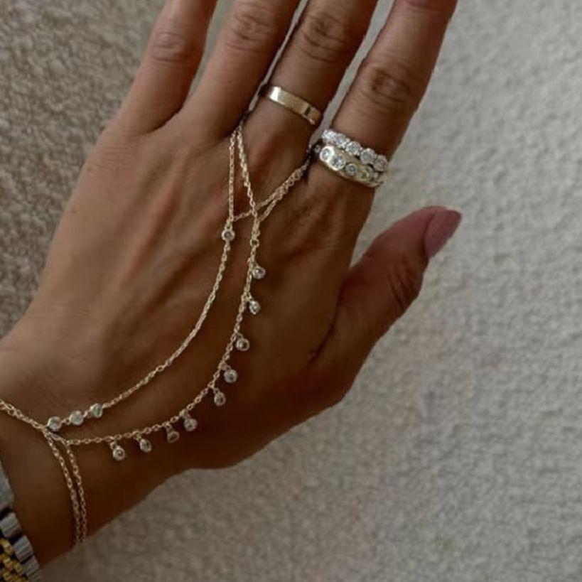 Shiny Zircon Tassel Finger Bracelets for Women Simple Gold Color Geometric Ring Link Bracelets Aesthetic Party Jewelry Gifts