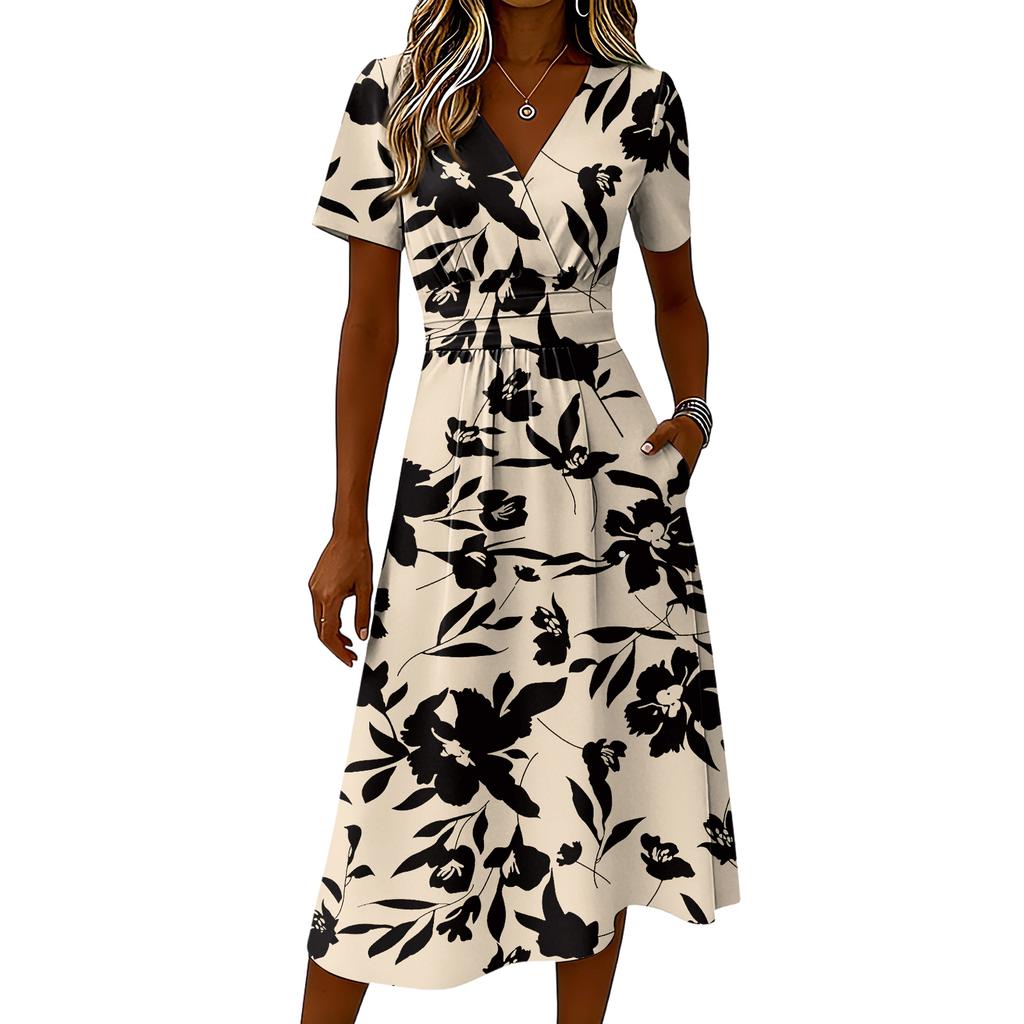 Ladies' Floral Casual Fashionable Short Sleeved V-neck Dress