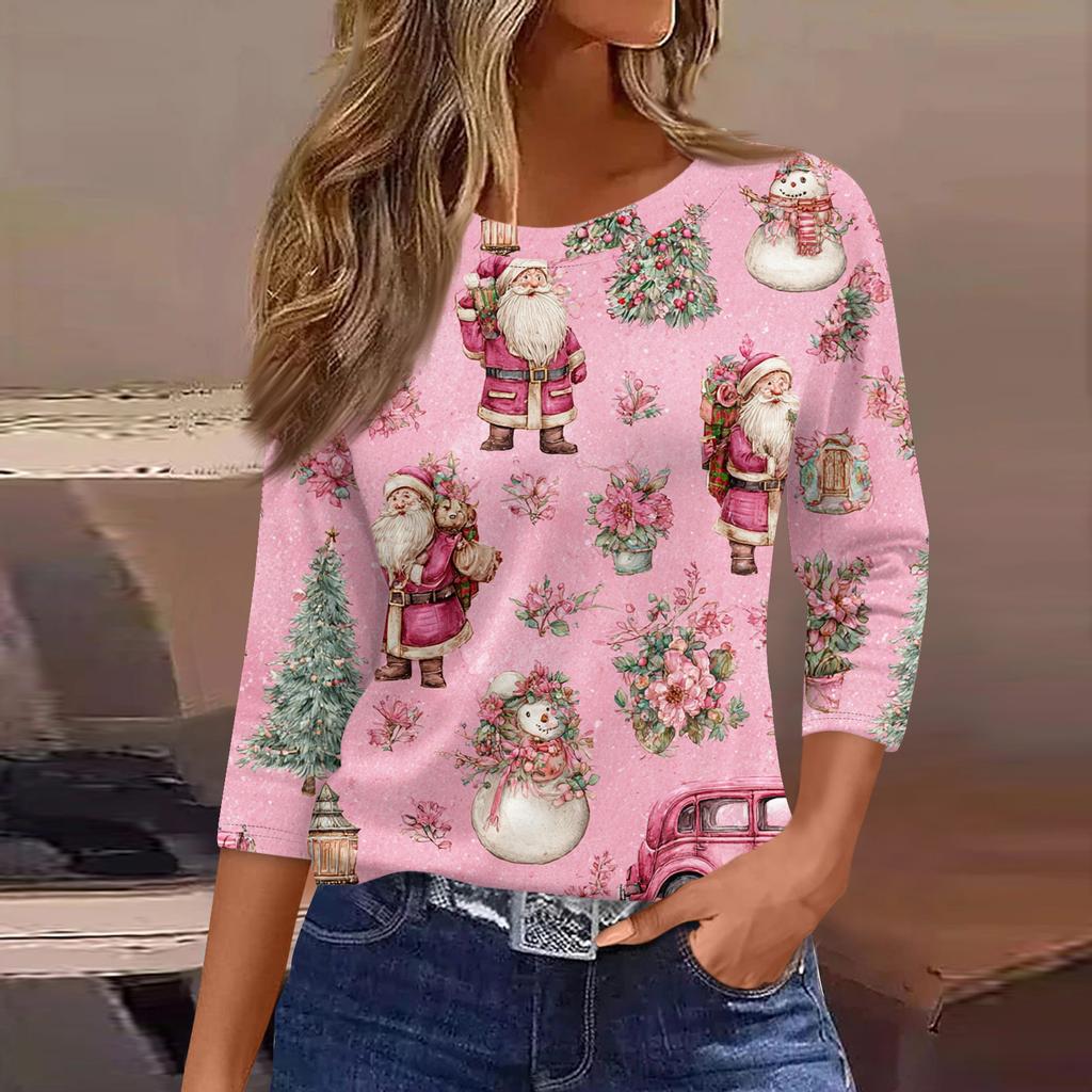 3/4 Length Sleeve Womens Tops Floral Print Vintage Fashion Casual Loose With Round Neck Plus Size Shirts