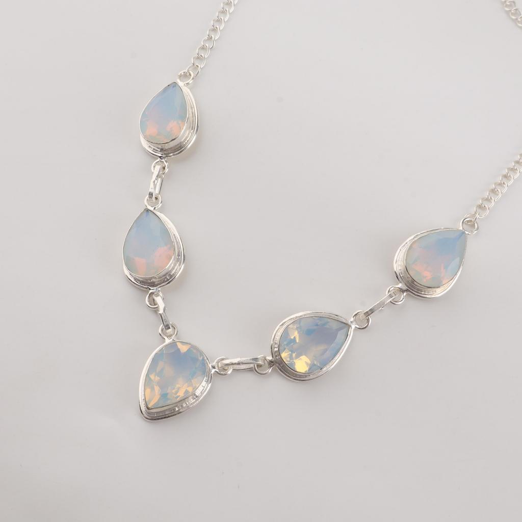 Milky Opal Gemstone Silver Necklace, 925 Sterling Silver White Opal Necklace For Women, Wedding Necklace RN-1-19