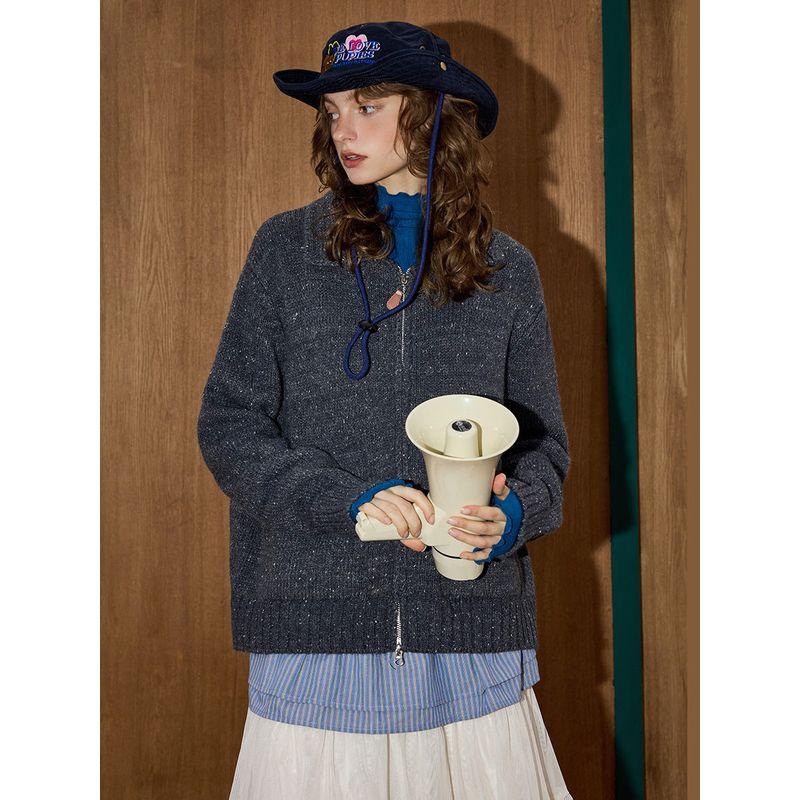 Coolhut Retro Dark Color Lapel Double Zipper Lazy Style Chunky Knit New Cardigan Jacket for Women