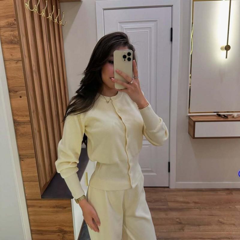 Womens Slim Fit Knit Two Piece Set Long Sleeve Button Front Top Low Waist Casual Pants