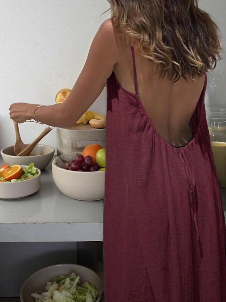 Backless Strappy Long Ice Silk Crinkle Dress - Summer 2026 Solid Color Shirring Beach Vacation Women's Clothing