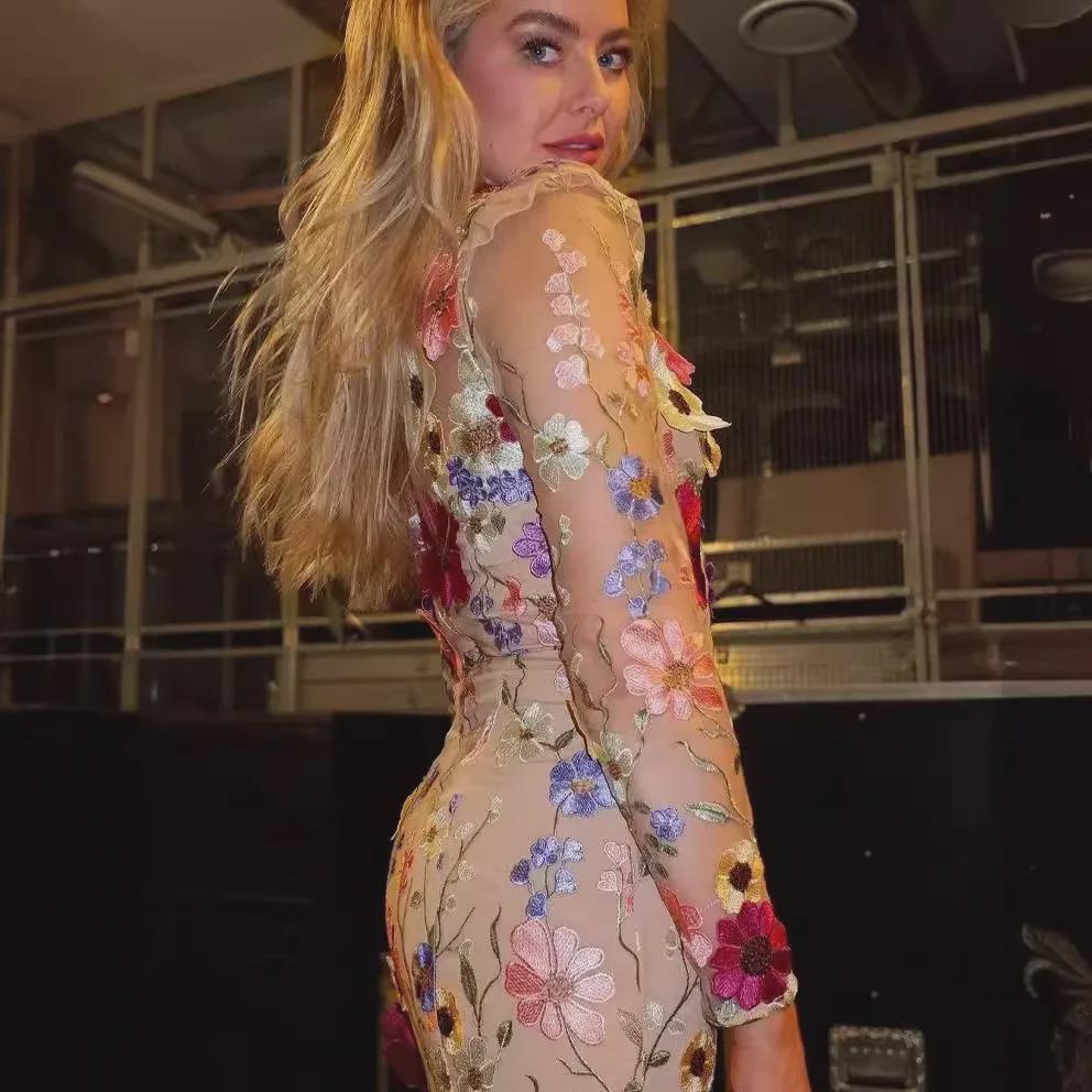 Colorful 3D Floral Embroidery Mesh Fishtail Dress - Spring/Summer