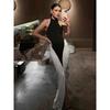 European and American style summer new women's clothing temperament sexy neck backless pleated contrasting color slim hip dress