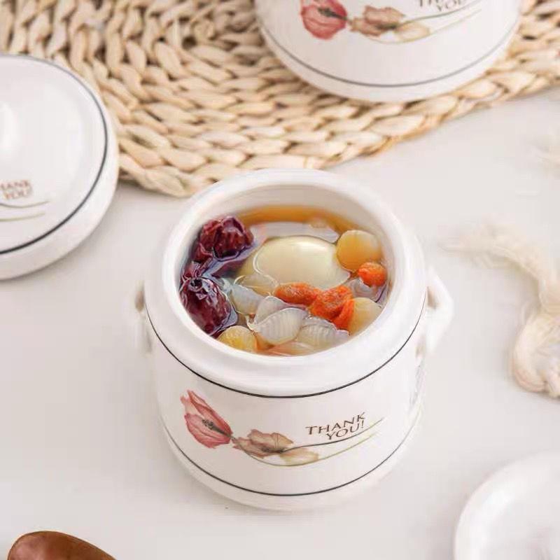 Keramik Doppeldeckel Schwalbennest Schmortopf mit Löffel, Ideal zum Eierdämpfen und für Suppen