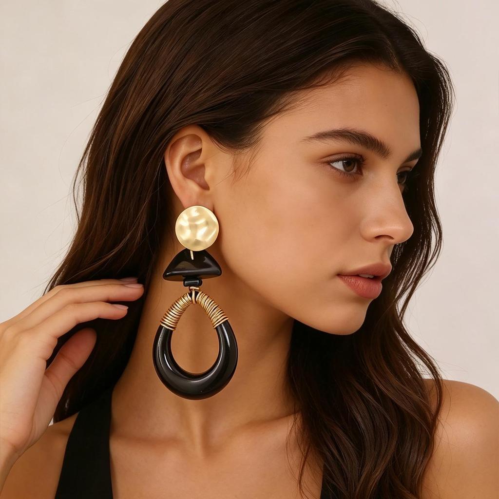 Bohemian Geometric Resin and Metal Oval Earrings with Rope Detail for Women