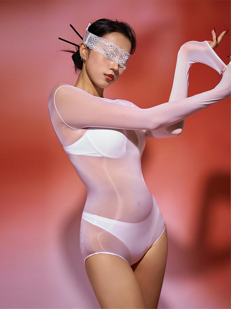 Sexy Women Cosplay Maid Oil Glossy Shiny HIgh Cut Bodysuit Sheer See Through Elastic Shapping Tight Cute Dance Leotard