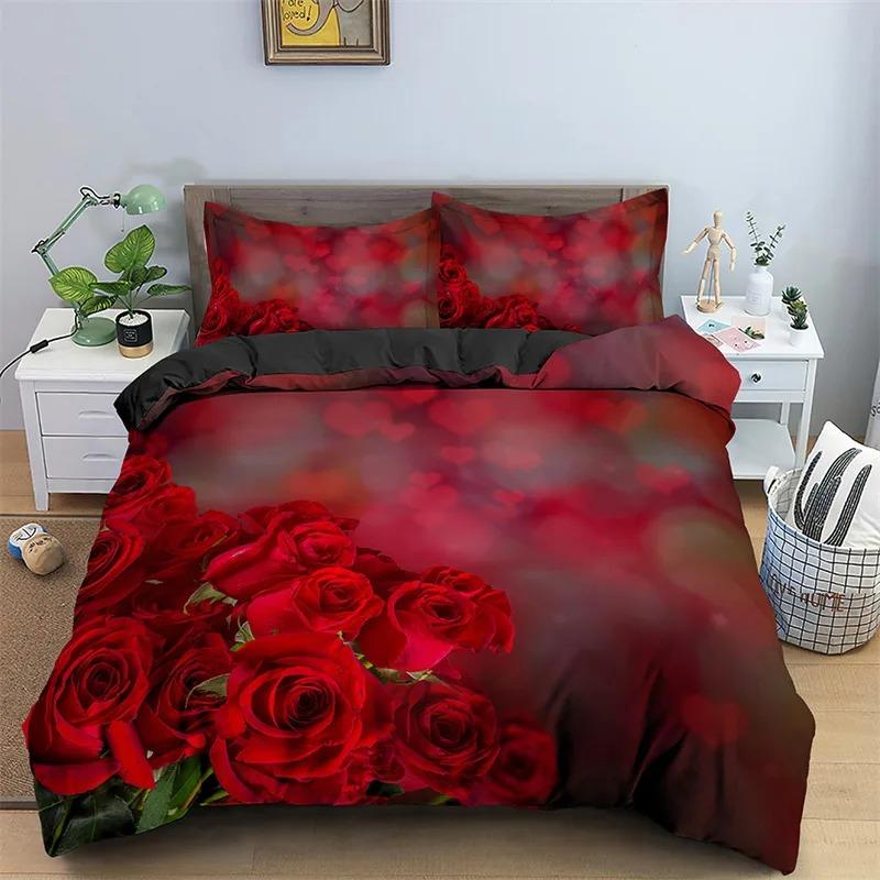 Floral Red Rose Romantic Flowers Valentine's Day Bedding Set Boys Girls Twin Queen Size Duvet Cover Pillowcase Bed Kids Adult