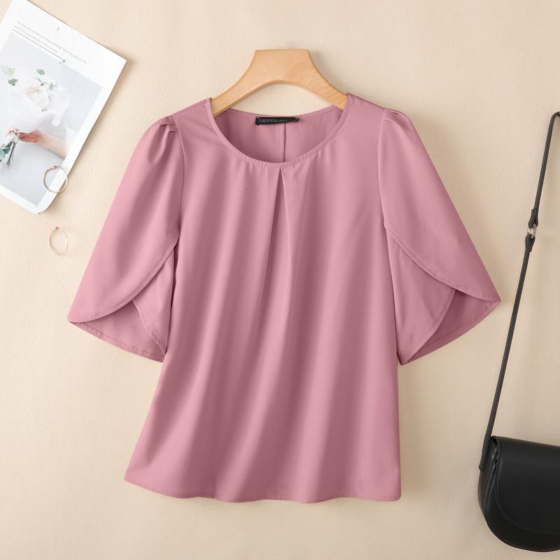 

ZANZEA Женская повседневная блузка с круглым вырезом, однотонная, с коротким рукавом L розовый