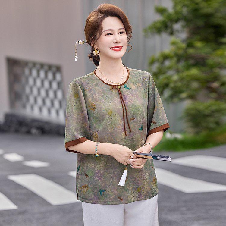 Dignified & Elegant Spring/Summer T-shirt for Middle-Aged & Elderly Women - Short-Sleeved Chinese Style