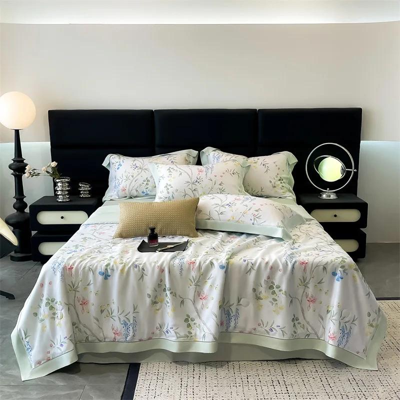 

2025 Summer Lyocell Washable Summer Cool Quilt 4-piece Flower Printing Hollow Edge Cool Air Conditioning Quilt Green Pink Grey 200x230cm 1pcs