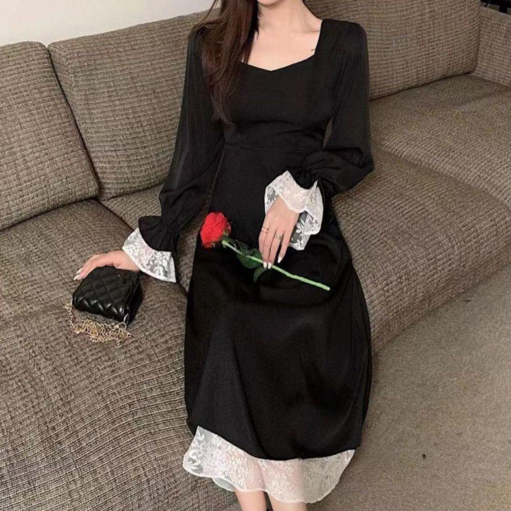 Slim Fit Lace Princes Dress Pleated Puff Long Sleeved Dress Fashion Girls Long Dress  Ladies