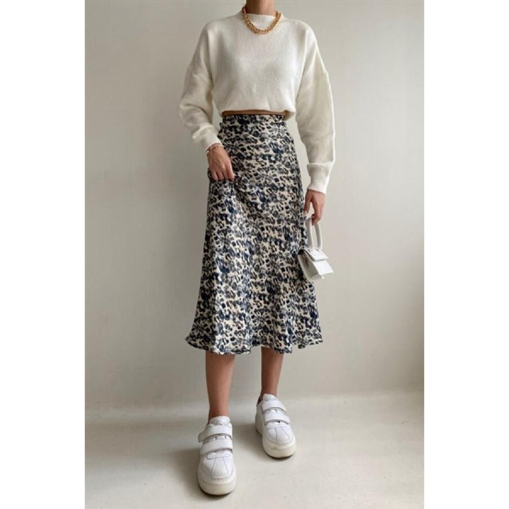 Leopard Pattern Satin Midi Length Brown Skirt