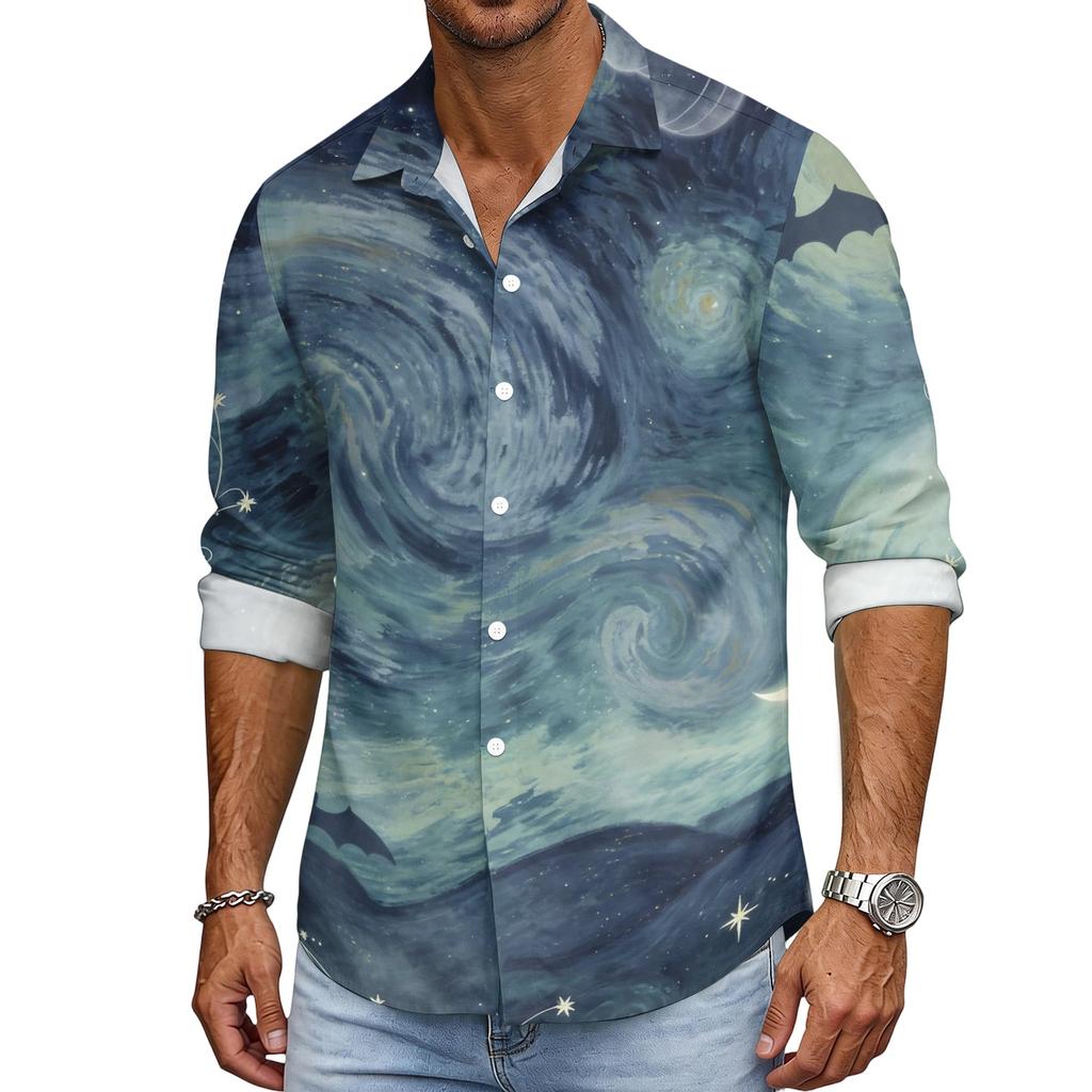 Men's Loose Fit Long Sleeve Shirt Halloween Design Breathable Casual Vintage Style Button Down Shirt for Spring and Autumn Outdoor Workwear
