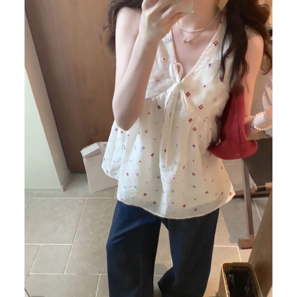 Women s Summer Bow V-neck Vest with Colorful Embroidered Flowers S