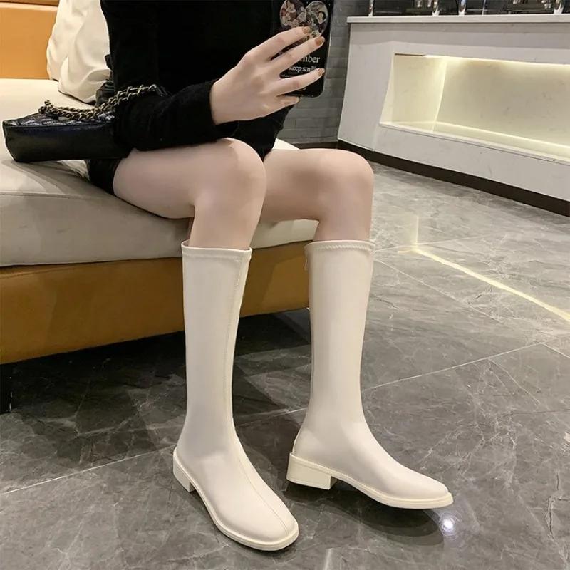 Large Size Long Leg Women's Boots Square Toe High Leg Flat Bottom Low Heel Zipper Knight Boots Platform Boots  Women Shoes