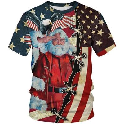 Family Christmas Shirts Santa Print Patriotic Tshirts for Men American Flag Short Sleeve T-shirts