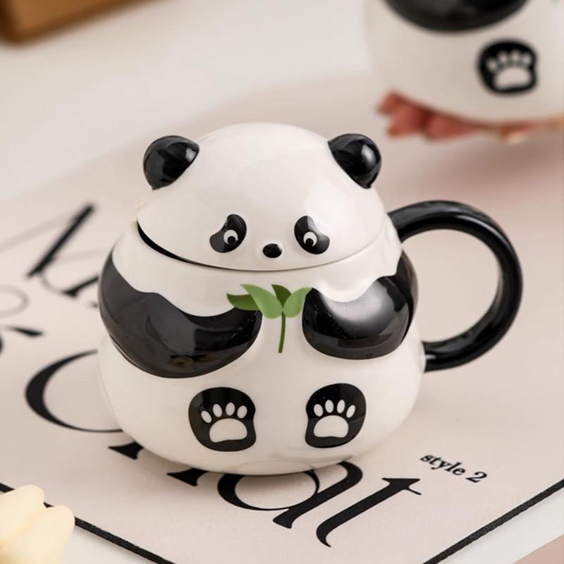 1Pc Panda-Shaped Large-Capacity Ceramic Mug with Lid, Creative Design Cute Cartoon Panda Mug Coffee Cup 301-400ml