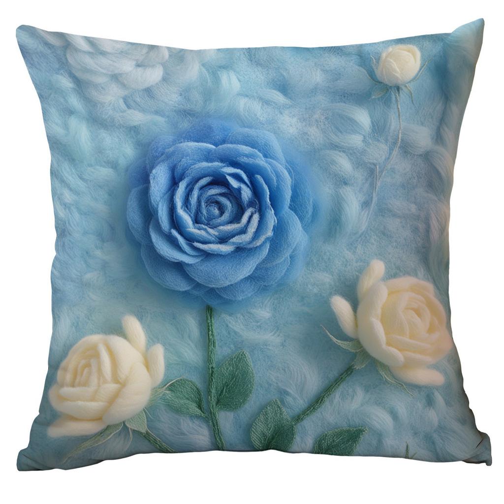 New 3D Imitation Plush Blue Rose Pillowcase Pastoral Home Sofa Cushion Pillowcase Decoration