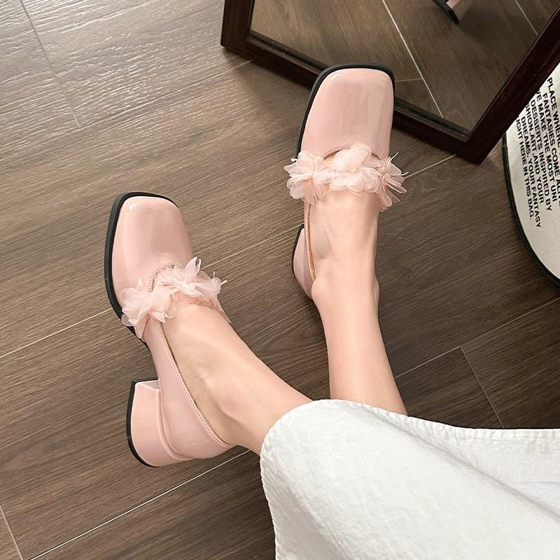 Fashion 2025 Women's Fashion Thick Heel Shoes Autumn New Square Head Shallow Mouth Butterfly Knot Anti-slip Wear-resistant Low-top Shoes