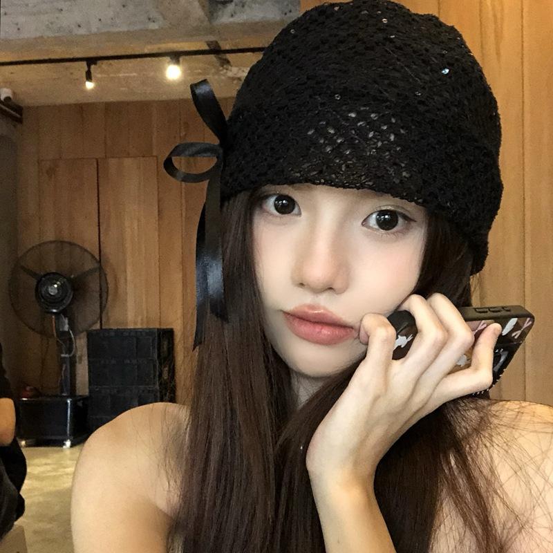 Niche Design Cute Black Hollow Bow Cold Hat Women Versatile Elastic Lace Hat Hot Girl Pile Hat