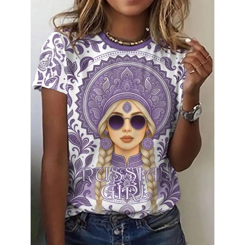 Fashion Women's Crew Neck T-Shirt Crew Neck Short Sleeve 3D Color Printing Tops Daily Wear