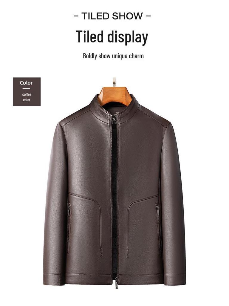 2026 Spring Men's Casual Sheepskin Leather Jacket with Stand-up Collar