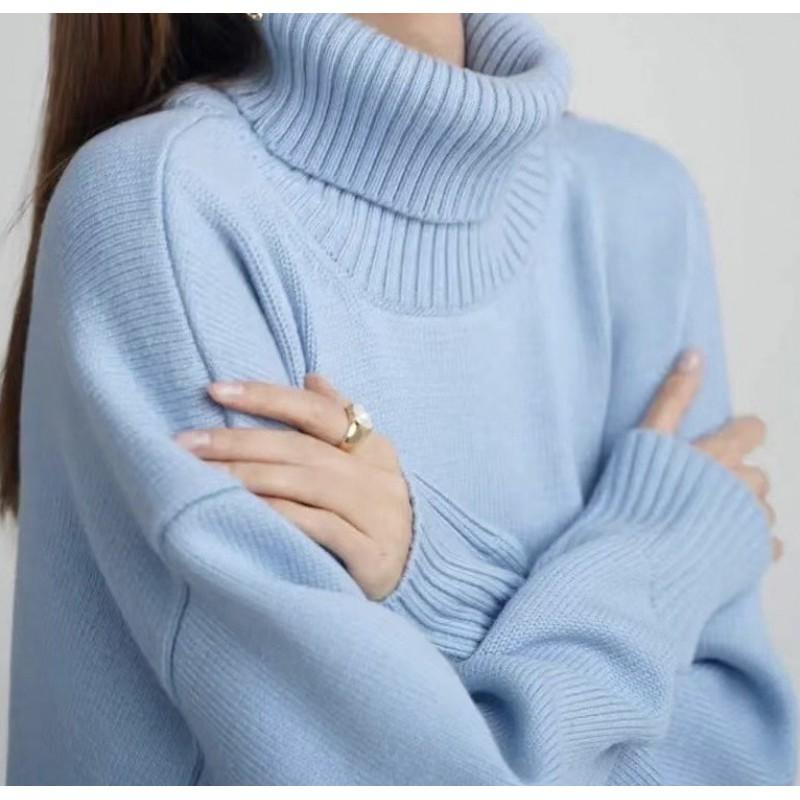 Womens High Neck Knit Sweater Solid Color Loose Fit Fall Winter Casual Versatile Pullover