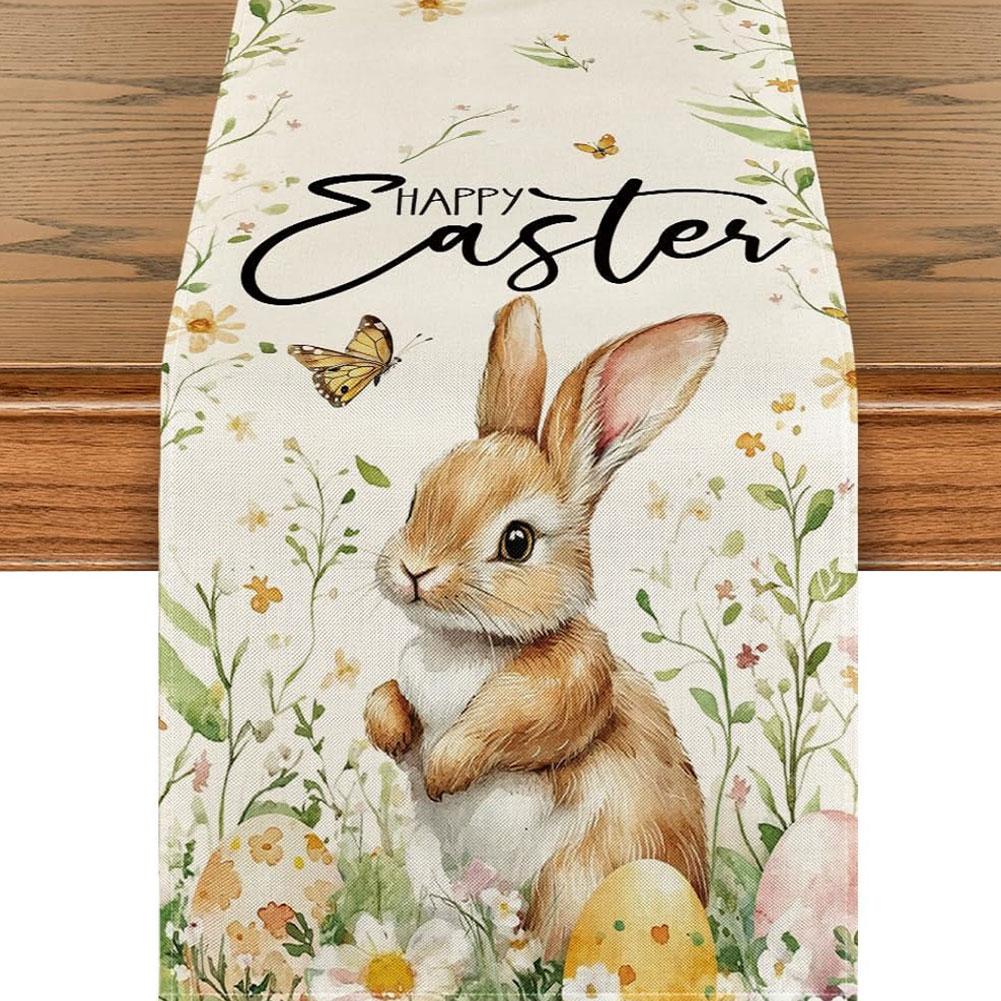 Easter Bunny Linen Table Runner Easter Rabbit Table Runner Bunny Dining Table Cloth Placemat for Kitchen Dining Table Decor