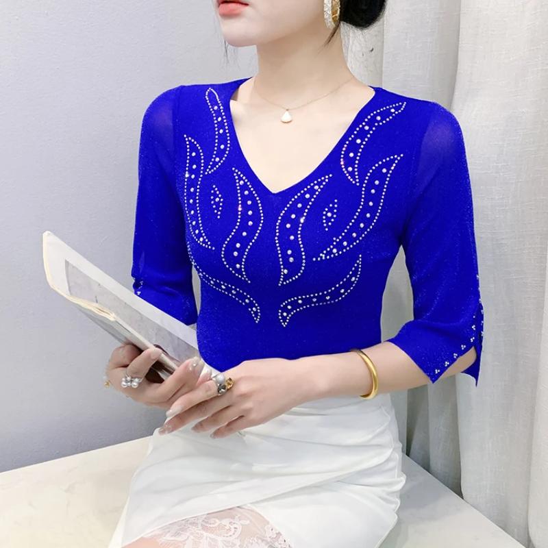 New Women's Clothes T-shirt Sexy V-Neck Hot Diamonds Tops Shirts Summer Girl Slim Mesh Half Sleeve Tees Blouse