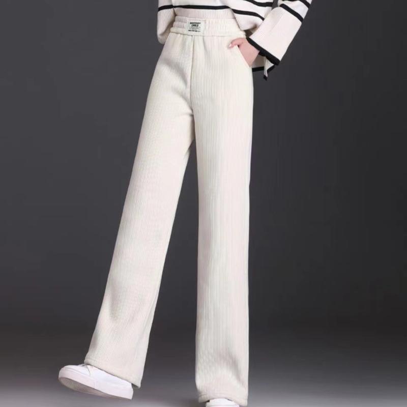 Chenille Flare Pants Women Winter Fleece Pants High Waist Wide Leg Casual Straight Cut Mom Extra Thick Sherpa Women Trousers