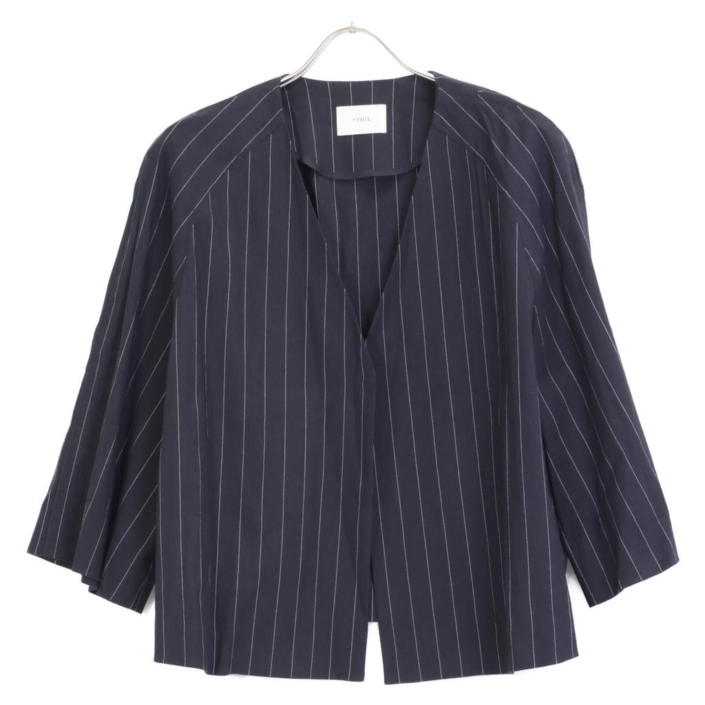 LE PHIL 534-9150500 Navy linen pinstripe collarless jacket Jacket 1 NavyUsed