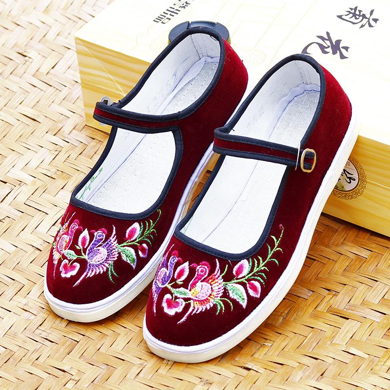 

Женские этнические вышитые черные тканевые туфли с пряжкой - Дизайн Феникса, ручная работа для квадратного танца. 34