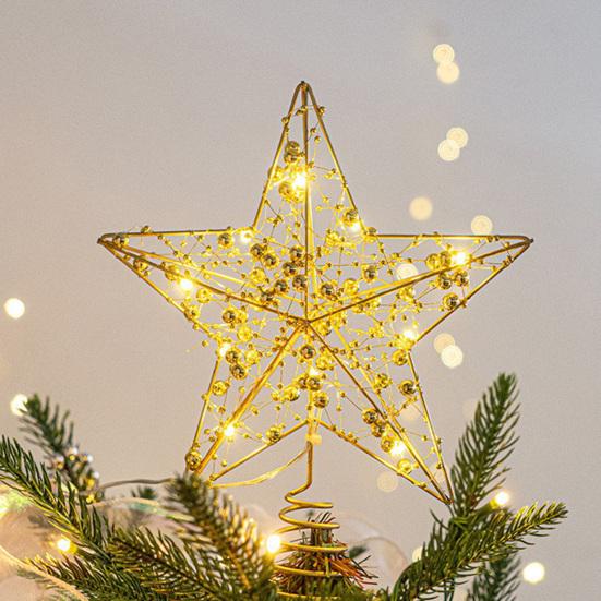 LED Star Christmas Tree Topper Glitter Gold Metal Star Light Ornament Battery Powered Hollow Star Tree Top Light for Christmas Home Parties Bars