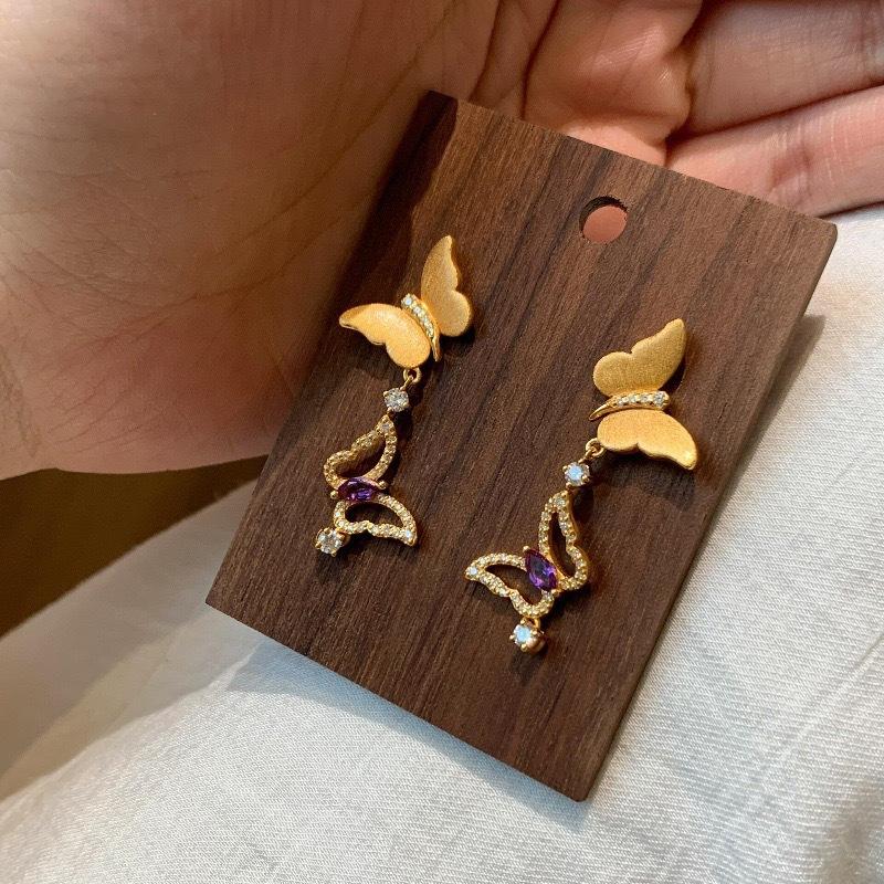 Модные Женские Серьги Стерлинговое Серебро Матовые Двойные Бабочки Инкрустированные Цирконами Серьги для Женщин Заявление Бижутерия