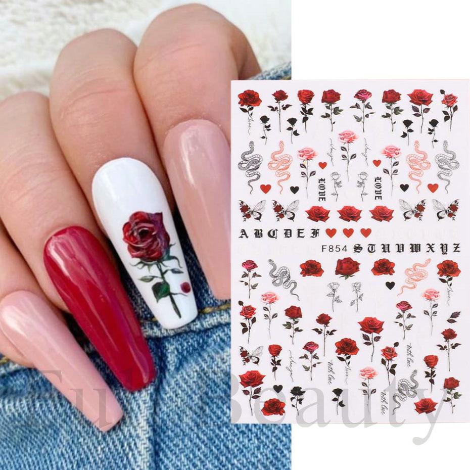 Nail Art Stickers Ins Spring Rose Flowers Valentine's Day Adhesive Nails 3D Decals
