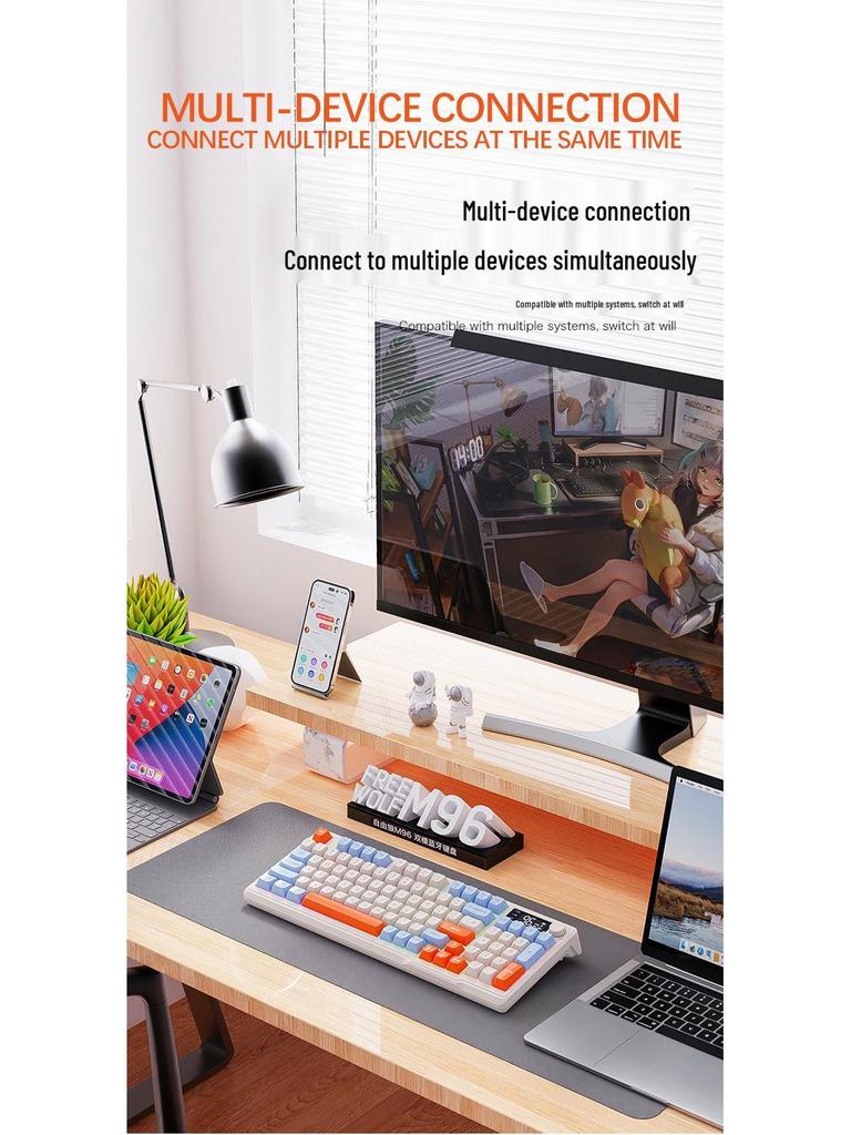 Free Wolf M96 Dual-Mode Wireless Bluetooth Keyboard: PBT Spherical Keycaps, Display Screen, Knob Control, Mechanical Feel, Gaming-Ready.
