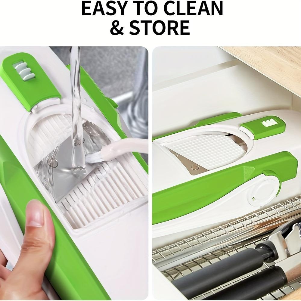 Mandolinskjærer, Sikker fingerdesign, Potet- og grønnsakshakker, Pommes frites-kutter, Justerbar tykkelse, Profesjonelt kjøkkenredskap, Grønn plast