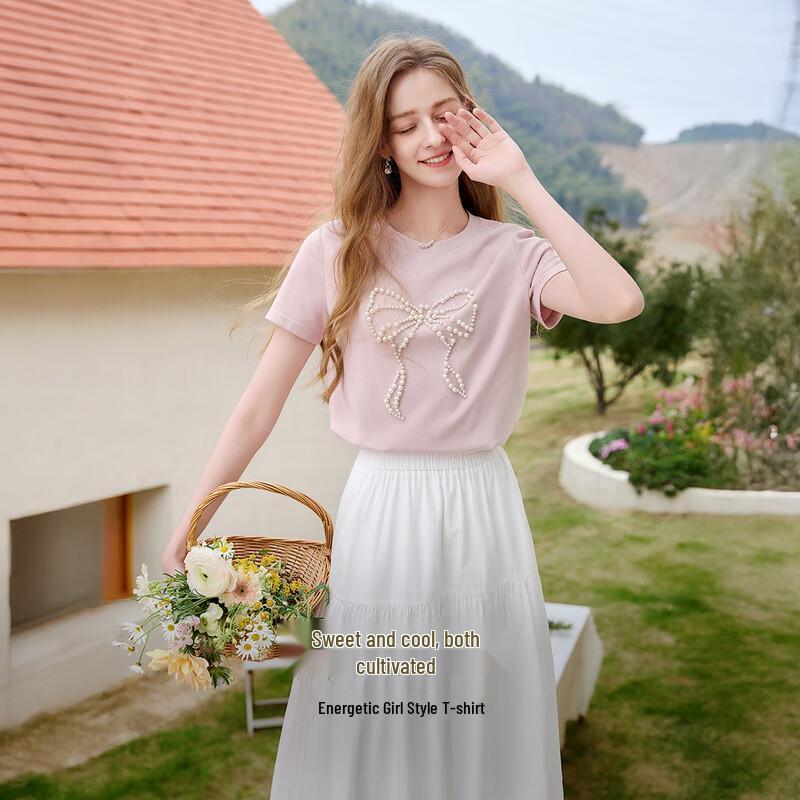 Women s Beaded Bow Short Sleeve T-Shirt M