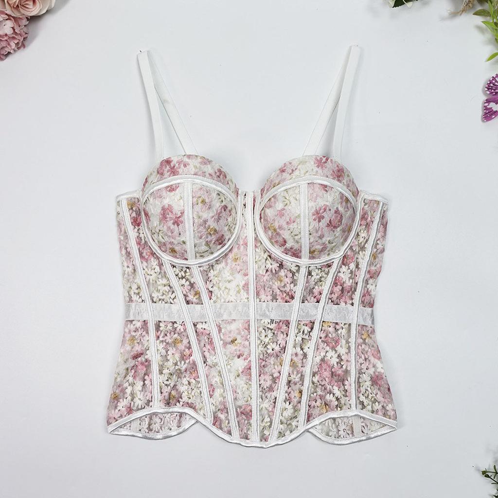 Women Floral Print Bralette Corset Top Spaghetti Strap Sweetheart Neckline Lace Up Bustier Summer Tank Top